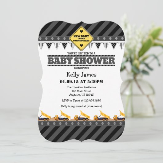 Black Grey Construction Baby shower Invitation Kaart (Staand voorkant)