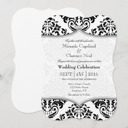 Black Grey Damask Bracket Wedding Invite Kaart (Voorkant / Achterkant)
