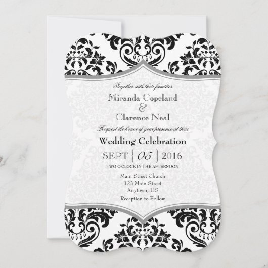 Black Grey Damask Bracket Wedding Invite Kaart (Voorkant)