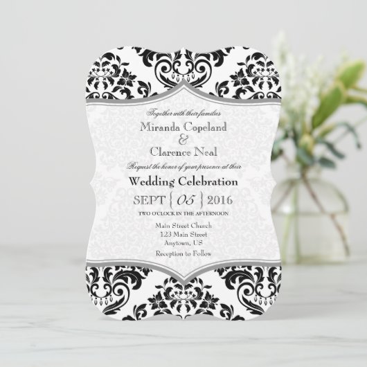 Black Grey Damask Bracket Wedding Invite Kaart (Staand voorkant)