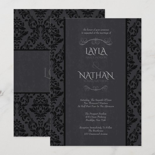 Black & Grey Damask Uitnodigingen (Voorkant / Achterkant)