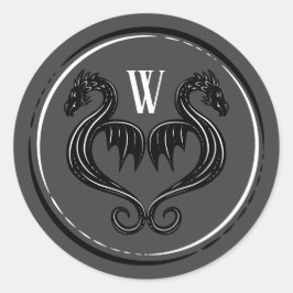 Black Grey Dragon Monogram Fantasy Wedding Ronde Sticker