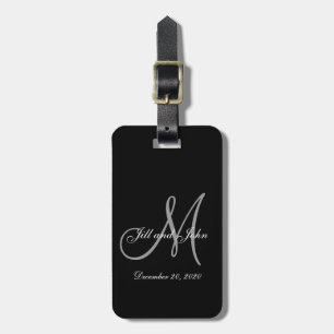 Black Grey Elegant Monogram Weddenschap Bagagelabel