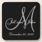 Black Grey Elegant Monogram Weddenschap Onderzetter (Voorkant)