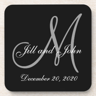 Black Grey Elegant Monogram Weddenschap Onderzetter