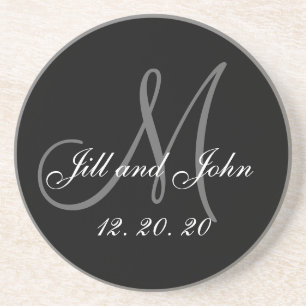 Black Grey Elegant Monogram Weddenschap Zandsteen Onderzetter
