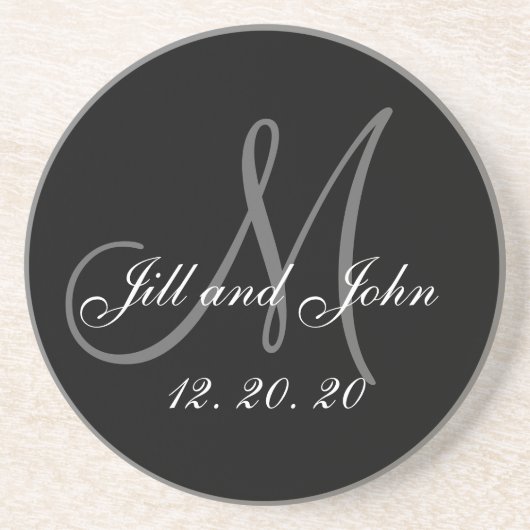 Black Grey Elegant Monogram Weddenschap Zandsteen Onderzetter (Voorkant)