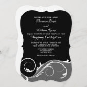 Black Grey Floral Swirl Bracket Wedding Invites Kaart (Voorkant / Achterkant)