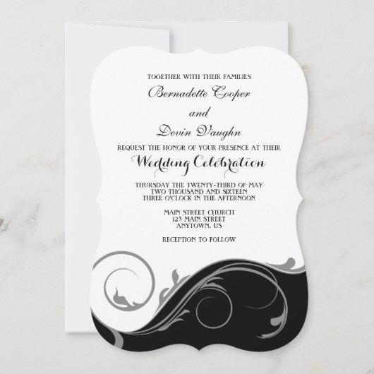 Black Grey Floral Swirl Bracket Wedding Invites Kaart (Voorkant)