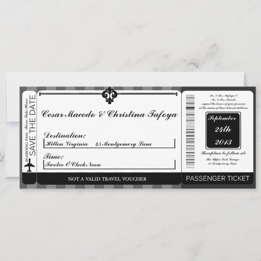 Black Grey Flouri Boarding Pass Wedding Invitation Kaart (Voorkant)