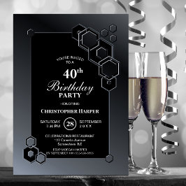 Black Grey Geometric 40th Birthday Party Kaart