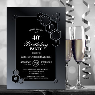 Black Grey Geometric 40th Birthday Party Kaart