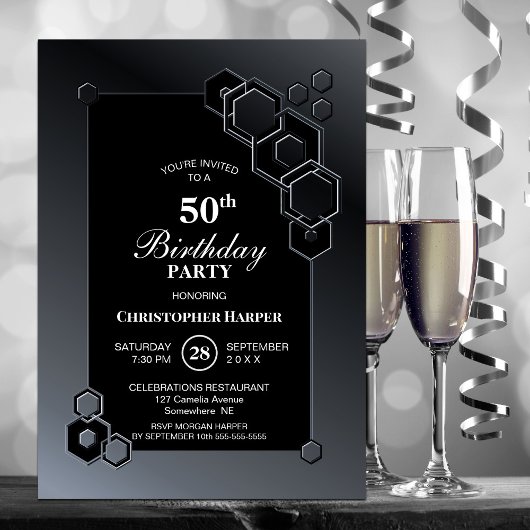 Black Grey Geometric 50th Birthday Party Kaart