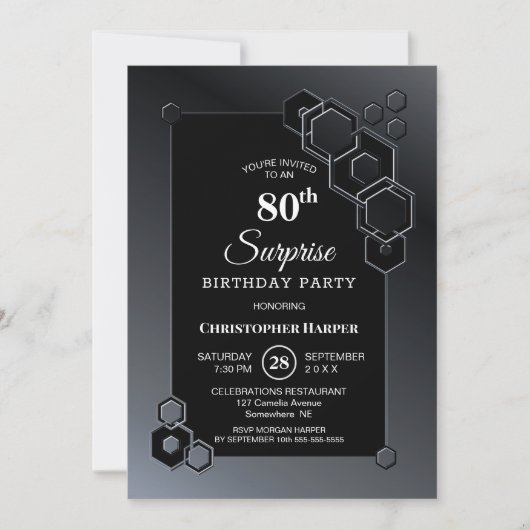 Black Grey Geometric Surprise 80th Birthday Party Kaart (Voorkant)