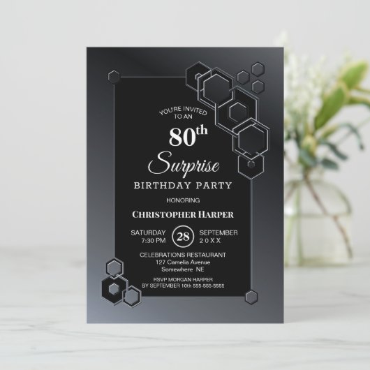 Black Grey Geometric Surprise 80th Birthday Party Kaart (Staand voorkant)