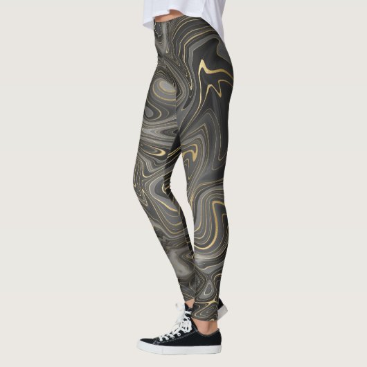Black Grey Gold Marble Swirl Agate Strata Women's Leggings (Links)