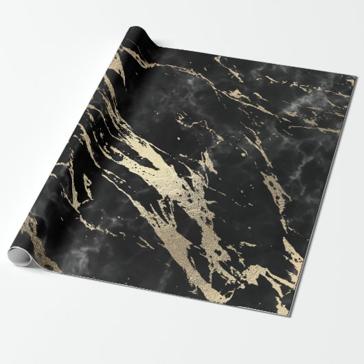 Black Grey Graphite Gold Marble Shiny VIP Cadeaupapier (Uitgerold)