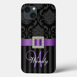 Black Grey Paars Damask Stripes Patroon iPhone 13 Hoesje