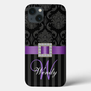 Black Grey Paars Damask Stripes Patroon iPhone 13 Hoesje