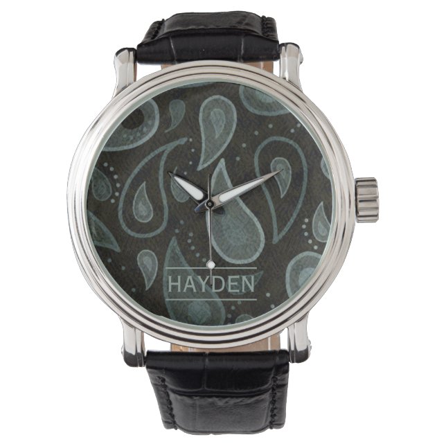 Black Grey Paisley Pattern Elegant Personalised Horloge (Voorkant)