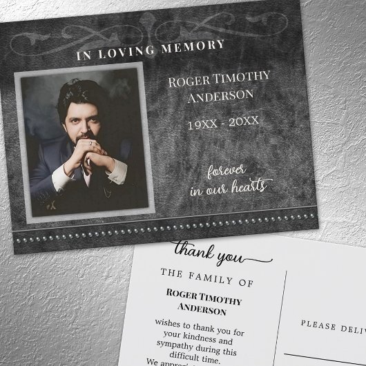 Black Grey Photo in Loving Memory Hartelijk dank Briefkaart