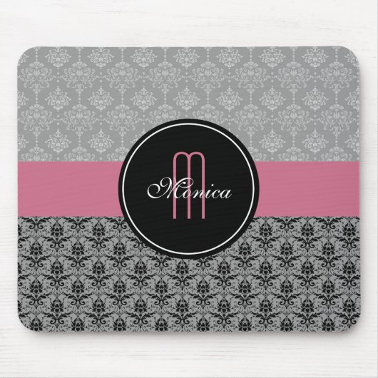 Black Grey Pink  Floral Damasgebondenheid Muismat (Voorkant)