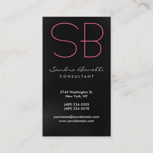 Black Grey Pink Monogram Visitekaartje (Voorkant)