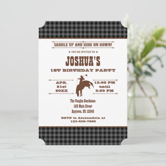 Black Grey Pset Cowboy Rodeo Birthday Uitnodiging (Staand voorkant)