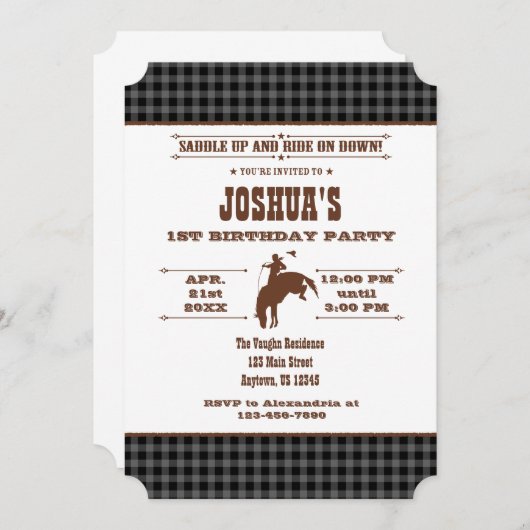 Black Grey Pset Cowboy Rodeo Birthday Uitnodiging (Voorkant / Achterkant)