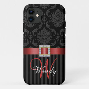 Black Grey Red Damask Stripes Pattern iPhone 11 Hoesje