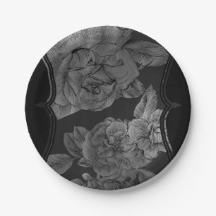 Black Grey Silver Elegant Glam Floral Papieren Bordje