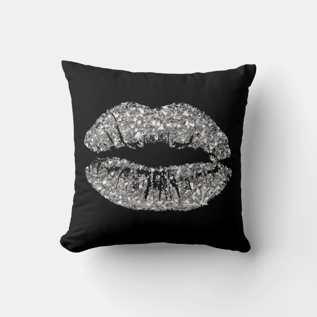 Black Grey Silver Glitter Kiss Lips Makeup Sparkly Kussen (Voorkant)