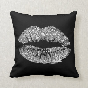 Black Grey Silver Glitter Kiss Lips Makeup Sparkly Kussen