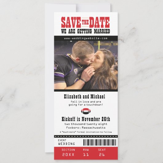 Black Grey Wedding Save the Date Football Ticket (Voorkant)