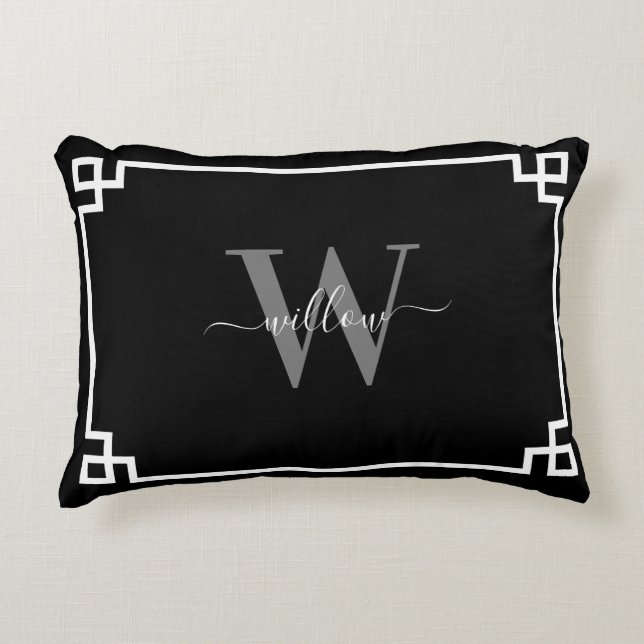 Black Grey White Greek Key Monogrammen Accent Kussen (Voorkant)