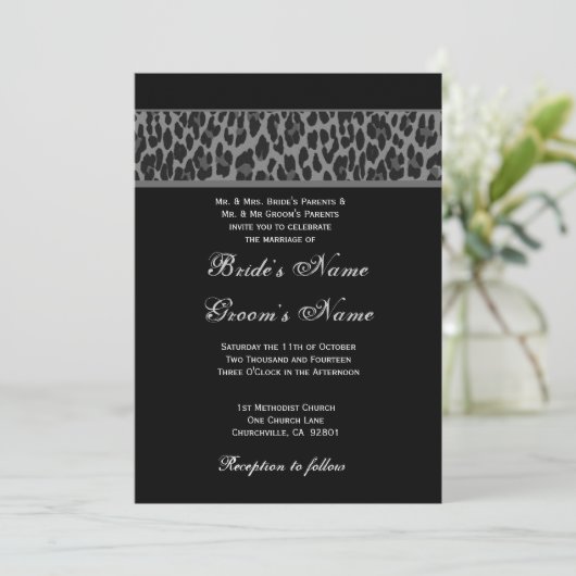 Black Grey White Leopard Wedding Invitation Kaart (Staand voorkant)