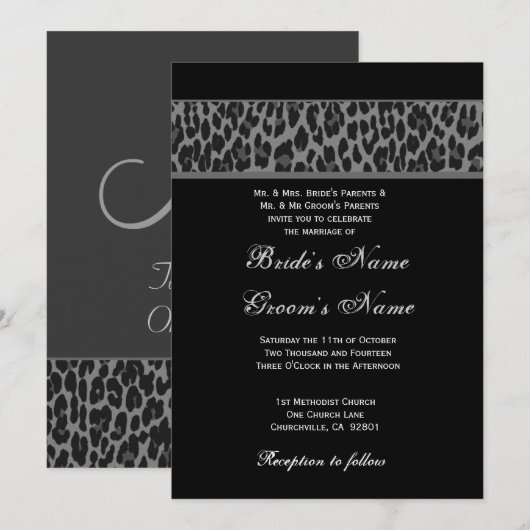 Black Grey White Leopard Wedding Invitation Kaart (Voorkant / Achterkant)