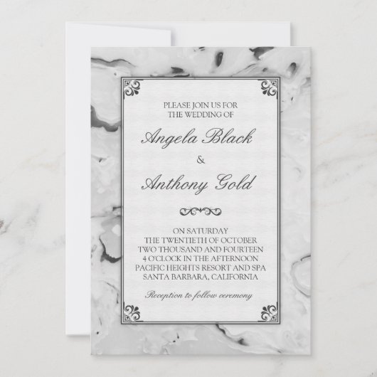 Black Grey White Marble Mardruged Wedding Invitati Kaart (Voorkant)
