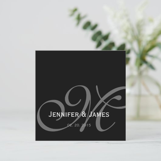 Black Grey White Monogram Names Wedding Invitation Kaart (Staand voorkant)