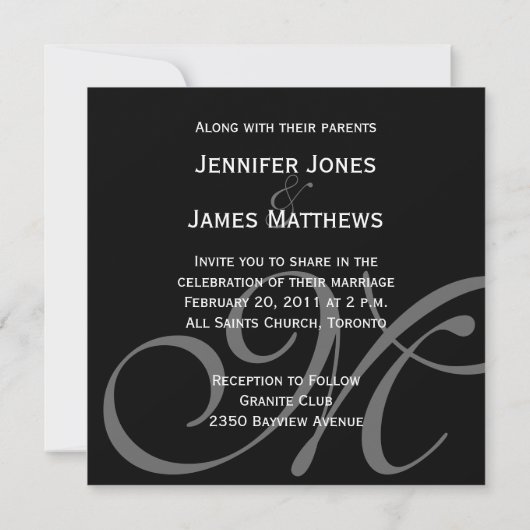 Black Grey White Monogram Names Wedding Invitation Kaart (Achterkant)