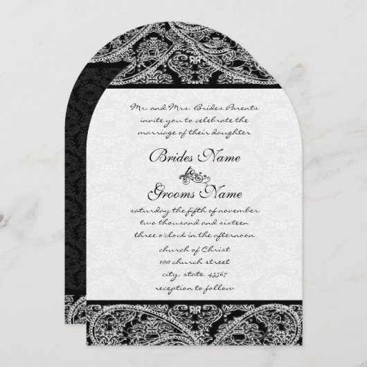 Black Grey White  Paisley Damask Weddings Kaart (Voorkant / Achterkant)