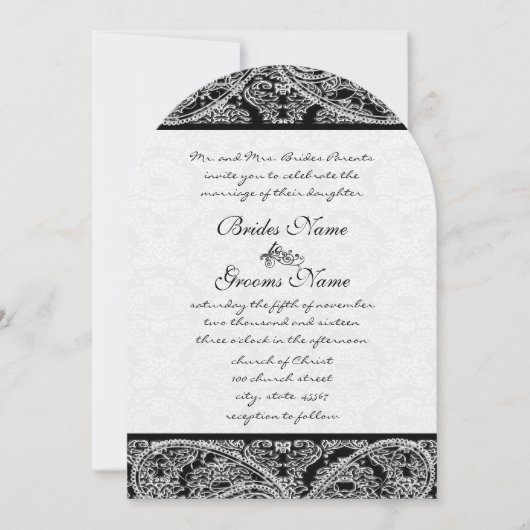 Black Grey White  Paisley Damask Weddings Kaart (Voorkant)