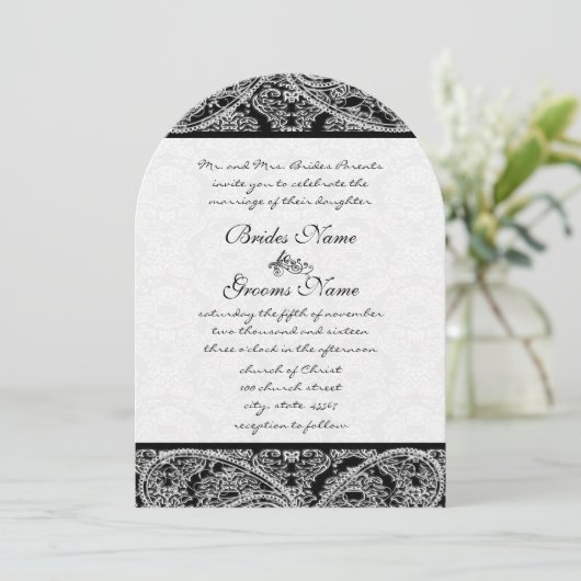 Black Grey White  Paisley Damask Weddings Kaart (Staand voorkant)