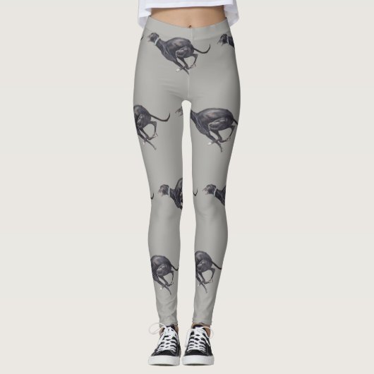 Black Greyhound Running Dog Art Leggings (Voorkant)