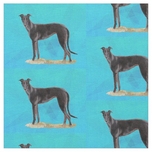 Black Greyhound Standing Dog Art Fabric Stof (Close Up)