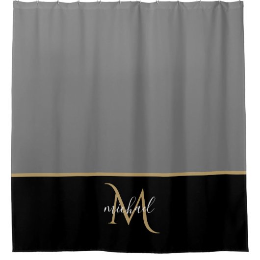 Black | Grijs en goudmonogram Elegant Luxe Douchegordijn (Voorkant)
