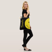 Black Grinning Smile Yellow Face Typography Tote Bag (Op model)