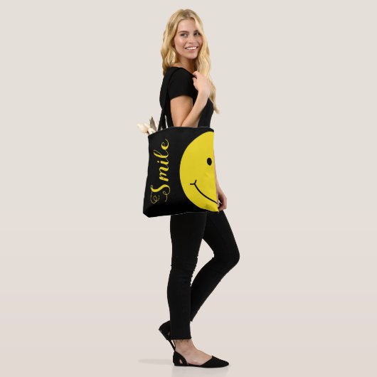Black Grinning Smile Yellow Face Typography Tote Bag (Op model)