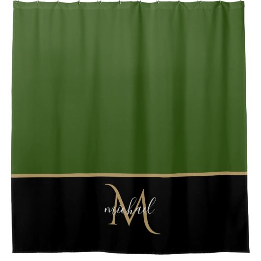 Black | Groen en goudmonogram Elegant Luxe Douchegordijn (Voorkant)