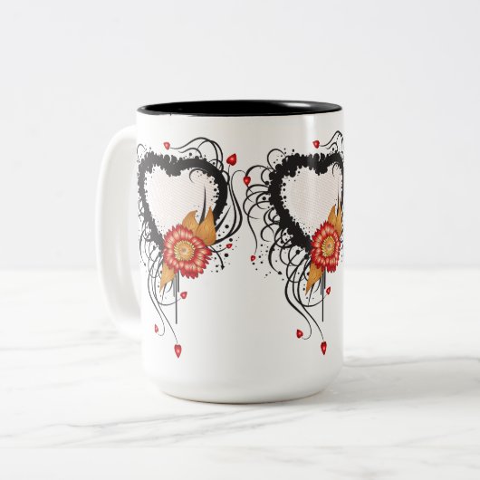 Black Grunge Heart Zonnebloem Tweekleurige Koffiemok (Voorkant links)